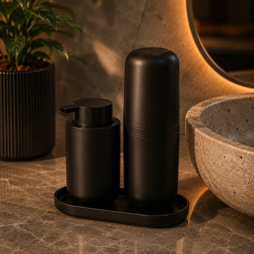 Kit para Banheiro com Porta Escova de Dentes, Porta Sabonete Líquido e Bandeja - Preto
