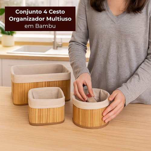 Conjunto 4 Cesto Organizador Multiuso em Bambu