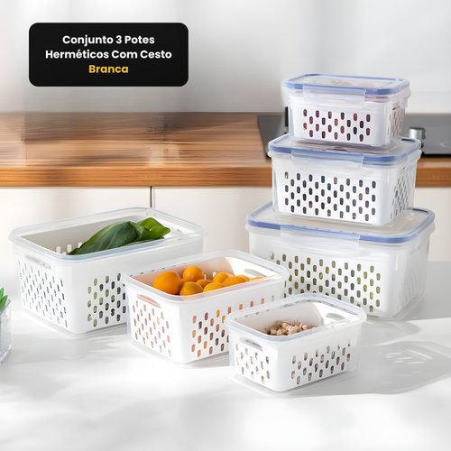 Conjunto 3 Potes Herméticos Com Cesto - Branca