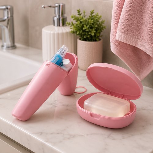 Kit Porta Escova Dental e Saboneteira - Rosa