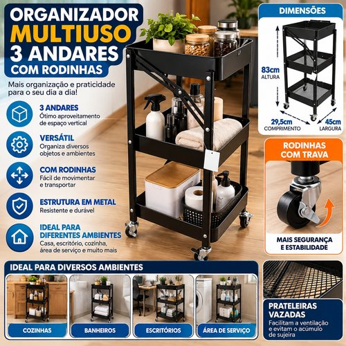 Organizador Multiuso 3 Andares com Rodinhas  Fruteira Prateleira -Preta