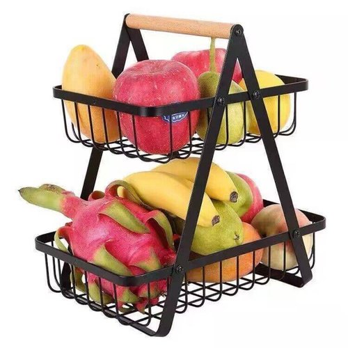 Fruteira de Metal Multiuso 2 Andares com Alça em Madeira - Sortida
