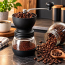 Moedor manual Recipiente de vidro Tampa plástica Manivela em aço inox- Preto