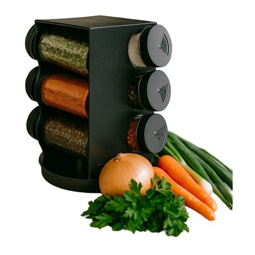 Porta Condimentos Giratório Plástico Preto com 06  Potes 80ml
